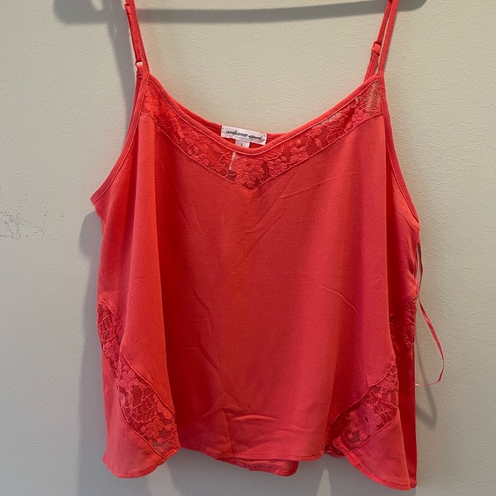 Brand New Hot Pink Ambiance Apparel Lace Detail Top Size L